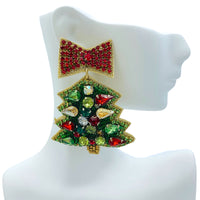 Christmas Tree & Bow Crystal Seed Bead Earrings - Beaded (2x2.75)