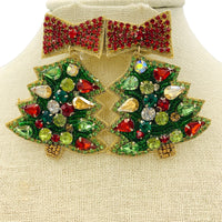 Christmas Tree & Bow Crystal Seed Bead Earrings - Beaded (2x2.75)