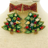 Christmas Tree & Bow Crystal Seed Bead Earrings - Beaded (2x2.75)