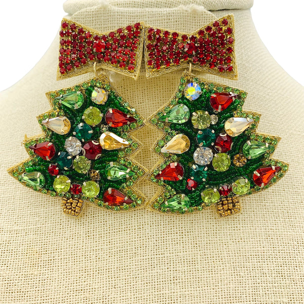 Christmas Tree & Bow Crystal Seed Bead Earrings - Beaded (2x2.75)