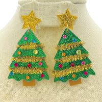 Pink or Green Acrylic Glitter Tinsel Garland Christmas Tree Earrings (1.5x2.5in)