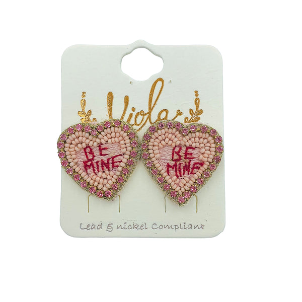 Pink Heart Be Mine Seed Bead Stud Earrings - Valentine's, Beaded (1x1)
