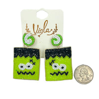 Green Monster Frankenstein Seed Bead Earrings - Beaded, Halloween (1.25x2.25in)