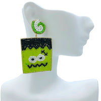 Green Monster Frankenstein Seed Bead Earrings - Beaded, Halloween (1.25x2.25in)