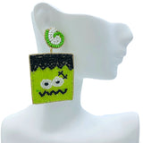 Green Monster Frankenstein Seed Bead Earrings - Beaded, Halloween (1.25x2.25in)