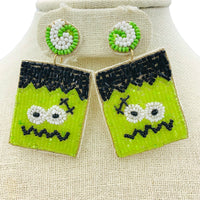 Green Monster Frankenstein Seed Bead Earrings - Beaded, Halloween (1.25x2.25in)