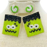 Green Monster Frankenstein Seed Bead Earrings - Beaded, Halloween (1.25x2.25in)