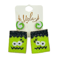 Green Monster Frankenstein Seed Bead Earrings - Beaded, Halloween (1.25x2.25in)