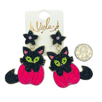 Black Cat & Pumpkin Seed Bead Earrings - 2 Colors, Beaded, Halloween (2x3.25in)