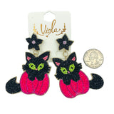 Black Cat & Pumpkin Seed Bead Earrings - 2 Colors, Beaded, Halloween (2x3.25in)