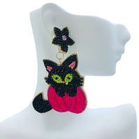 Black Cat & Pumpkin Seed Bead Earrings - 2 Colors, Beaded, Halloween (2x3.25in)