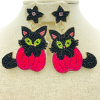 Black Cat & Pumpkin Seed Bead Earrings - 2 Colors, Beaded, Halloween (2x3.25in)
