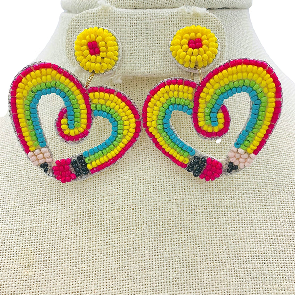 Heart Shaped Pencil Seed Bead Earrings - School, Teacher, Beaded (1.75x2in)