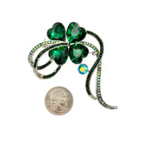 Green Four Leaf Clover Crystal Brooch Pin in Silver or Gold (P1631)(3.25x2.25in)