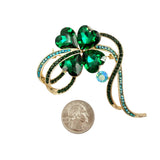 Green Four Leaf Clover Crystal Brooch Pin in Silver or Gold (P1631)(3.25x2.25in)