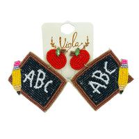 School Themed Chalk Blackboard Seed Bead Earrings - Teacher, Beaded (2.25x2.5in)