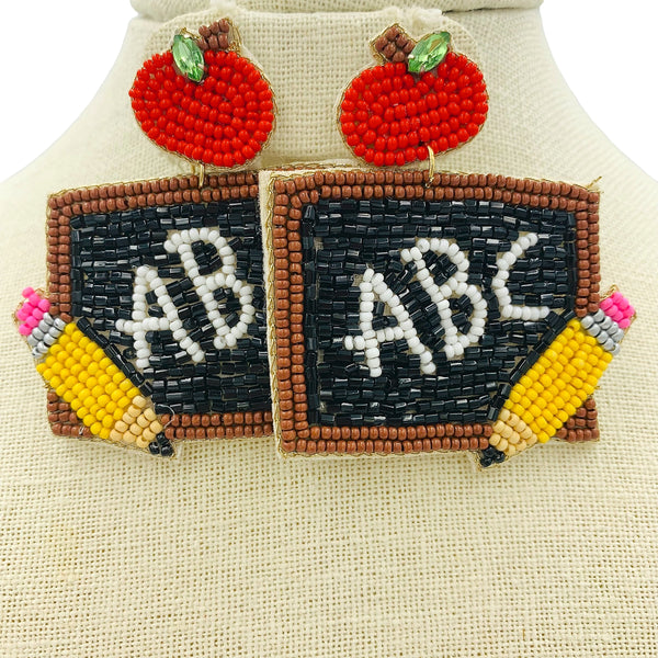 School Themed Chalk Blackboard Seed Bead Earrings - Teacher, Beaded (2.25x2.5in)