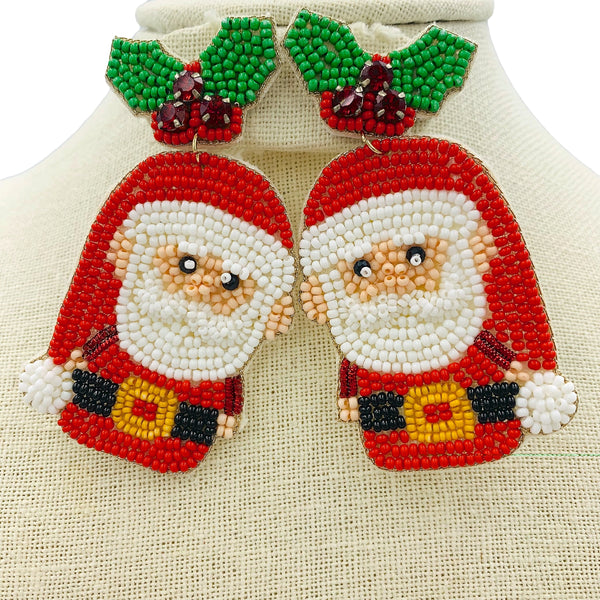 Santa Claus Underneath the Mistletoe Christmas Seed Bead Earrings (1.5x3in)