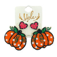 Pumpkin with Pearls Hanging from Pink Heart Seed Bead Earrings - Beaded (2x2in)