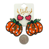 Pumpkin with Pearls Hanging from Pink Heart Seed Bead Earrings - Beaded (2x2in)