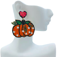 Pumpkin with Pearls Hanging from Pink Heart Seed Bead Earrings - Beaded (2x2in)