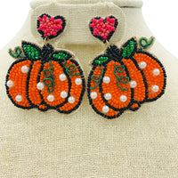 Pumpkin with Pearls Hanging from Pink Heart Seed Bead Earrings - Beaded (2x2in)