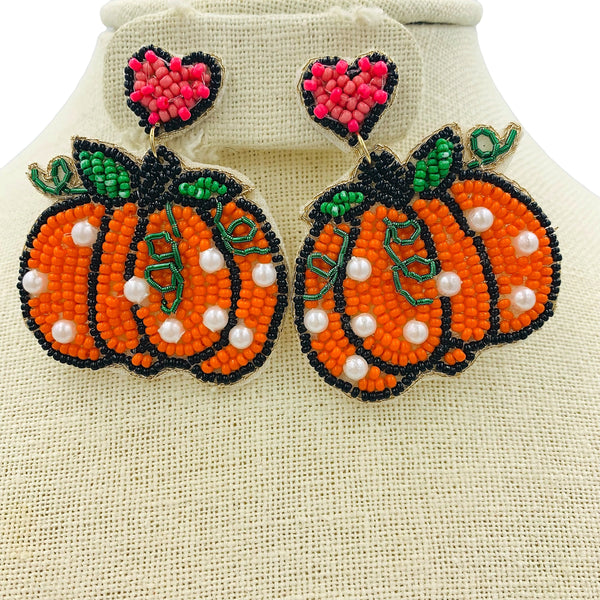 Pumpkin with Pearls Hanging from Pink Heart Seed Bead Earrings - Beaded (2x2in)