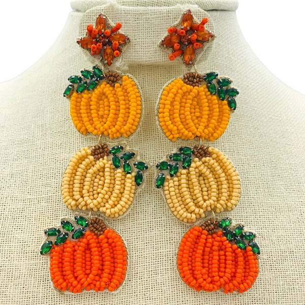3 Tiered Pumpkin Seed Bead Earrings - Halloween, Thanksgiving, Beaded (1.25x4in)