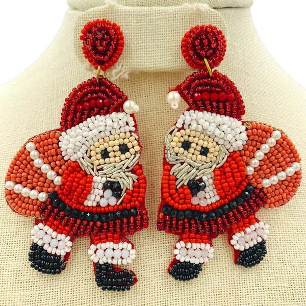 Santa Claus Holding Santa Sack Pearl Seed Bead Earrings - Beaded (2x3.25in)