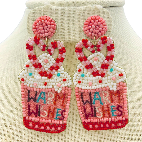 Warm Wishes Peppermint Hot Cocoa Mug Seed Bead Earrings - Beaded (1.25x2.75in)