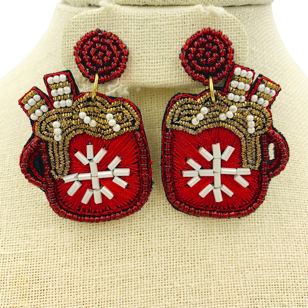 Hot Cocoa Mug Pearl Woven Seed Bead Earrings - Christmas, Beaded (1.5x2in)