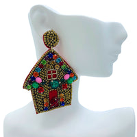 Christmas Gingerbread Crystal Seed Bead Earrings - Beaded (1.75x2.6in)