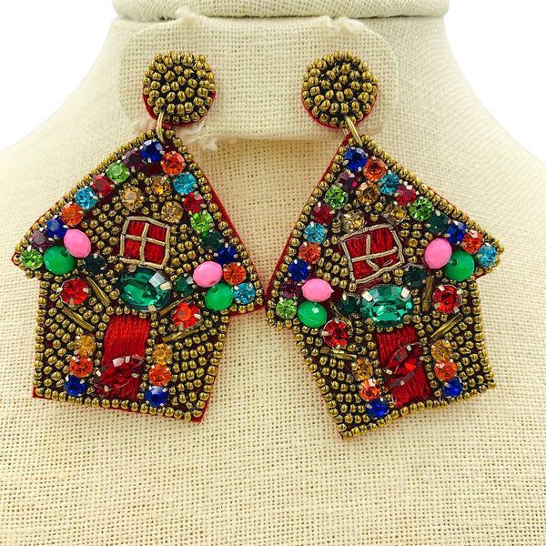 Christmas Gingerbread Crystal Seed Bead Earrings - Beaded (1.75x2.6in)