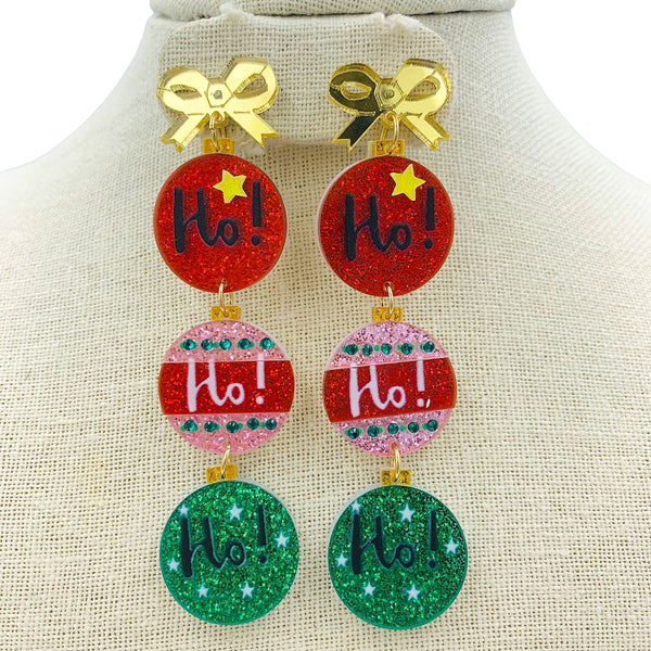 Ho, Ho, Ho Christmas Ornament Glitter Acrylic Earrings - (0.9x3.75in)
