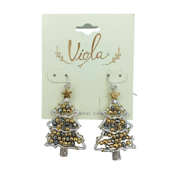 Christmas Tree Metal Wire Beaded Hook Earrings (1x2in)