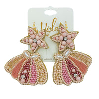 Pink Star & Seashell Seed Bead Earrings - Clamshell, Beaded (2X2.75in)