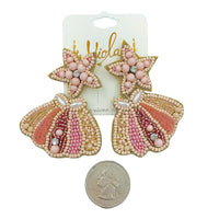 Pink Star & Seashell Seed Bead Earrings - Clamshell, Beaded (2X2.75in)