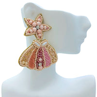 Pink Star & Seashell Seed Bead Earrings - Clamshell, Beaded (2X2.75in)