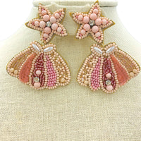 Pink Star & Seashell Seed Bead Earrings - Clamshell, Beaded (2X2.75in)