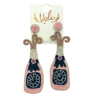 Pink Champagne Bottle Crystal Seed Bead Earrings - New Year's, Beaded (1.25x4in)