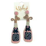 Pink Champagne Bottle Crystal Seed Bead Earrings - New Year's, Beaded (1.25x4in)