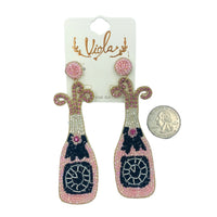 Pink Champagne Bottle Crystal Seed Bead Earrings - New Year's, Beaded (1.25x4in)