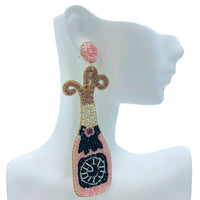 Pink Champagne Bottle Crystal Seed Bead Earrings - New Year's, Beaded (1.25x4in)