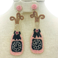 Pink Champagne Bottle Crystal Seed Bead Earrings - New Year's, Beaded (1.25x4in)