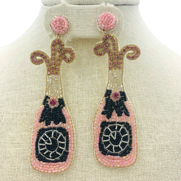 Pink Champagne Bottle Crystal Seed Bead Earrings - New Year's, Beaded (1.25x4in)