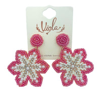 Pink Snowflake Christmas Pearl & Crystal Seed Bead Earrings (1.75x2.5in)