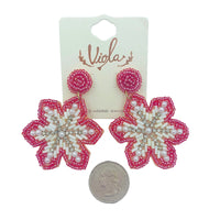Pink Snowflake Christmas Pearl & Crystal Seed Bead Earrings (1.75x2.5in)