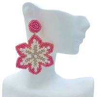 Pink Snowflake Christmas Pearl & Crystal Seed Bead Earrings (1.75x2.5in)