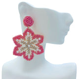 Pink Snowflake Christmas Pearl & Crystal Seed Bead Earrings (1.75x2.5in)