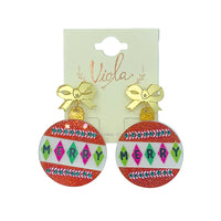 Merry Christmas Round Ornament Glitter Acrylic Earrings - (1.5x2.25in)